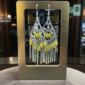 Silver Tone Yellow Beaded Chandelier‎ Earrings Boho Festival Statement Jewelry